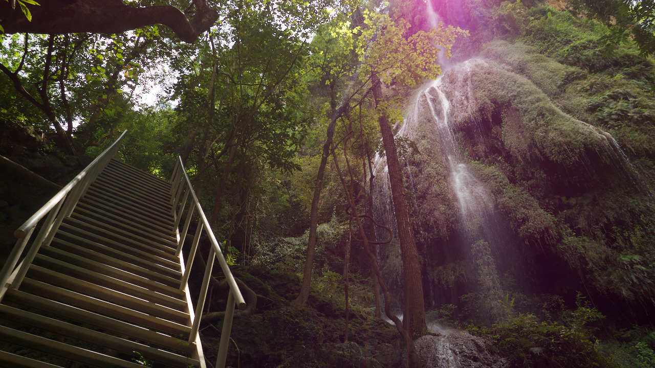 Looking up at a waterfall as it pours down over moss covered cliffs, surrounded by jungle.