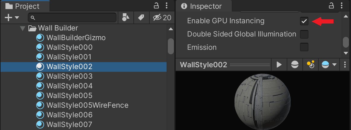 Screenshot of Enable GPU Instancing checkbox in the material inspector