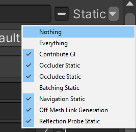 Screenshot of Static drop down in inspector with Static Batching is disabled