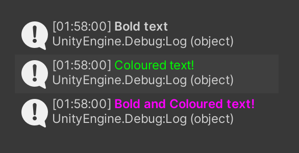 Image showing more coloured debug text. Shows the output of the above code sample